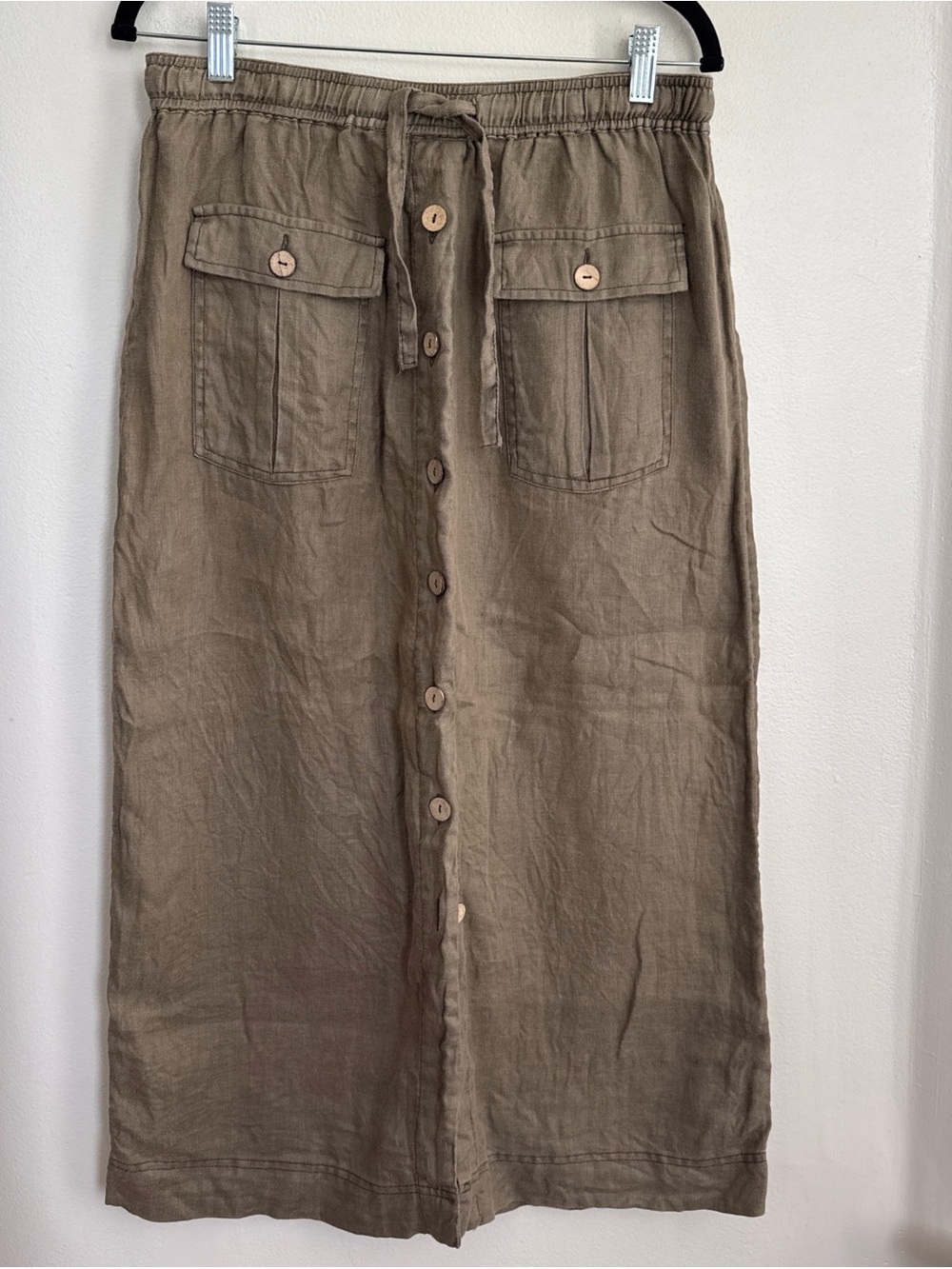 Nicole Miller Olive/Tan Button-Front Midi Skirt with Utility Pockets